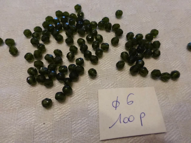 lot 100 PERLES anciennes en cristal de bohème à facettes vert olive diam 6 mm
