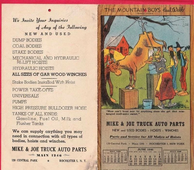 Vintage Mike in Truck Auto-Parts 1946 Three Month Calendar Rochester NY