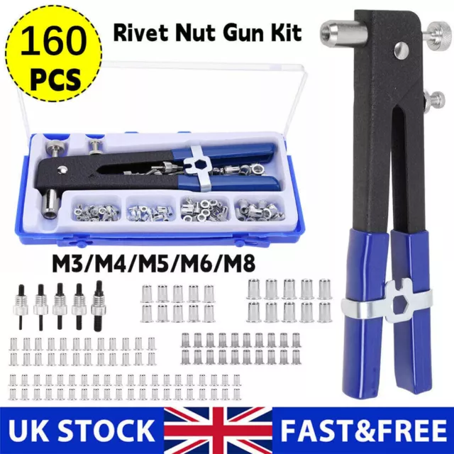 160Pcs Hand Threaded Nut Riveter Gun M3-M8Insert Tool Riveter Rivnut Nutsert Kit