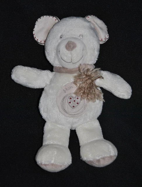 Peluche Doudou Ours Blanc POMMETTE Echarpe Beige " Mon Coeur " Brodé 24 Cm NEUF