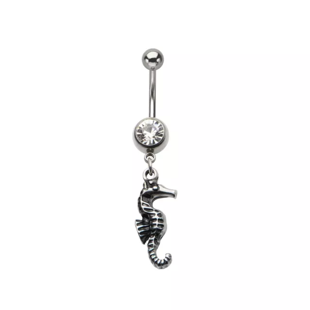 Belly Ring Seahorse w/Clear Gem Animal Dangle Naval Steel Body Jewelry
