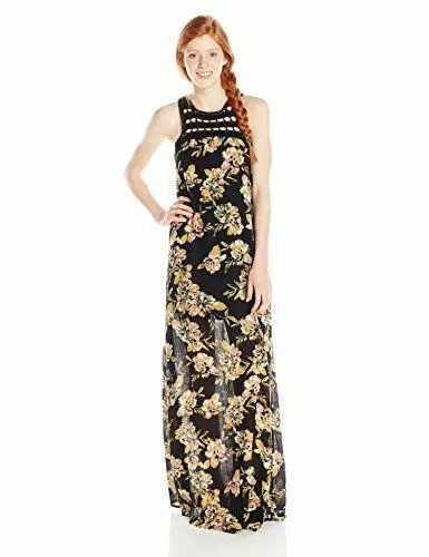 O'Neill Juniors Moore Floral Print Woven Gauze Maxi Dress, Black, Size Small