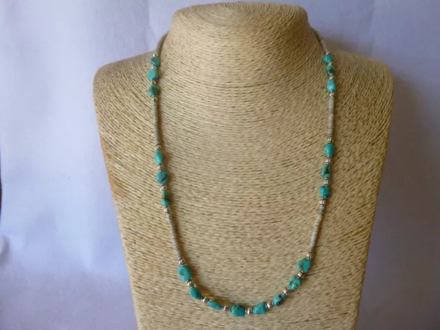 Genuine Turquoise Nugget And Shell Heish Bead Sterling Native American Necklace