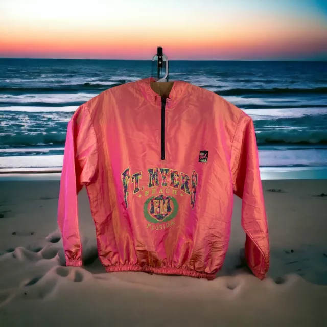 VTG Surf Style Pullover Windbreaker Jacket Iridescent Pink Ft Meyers Beach