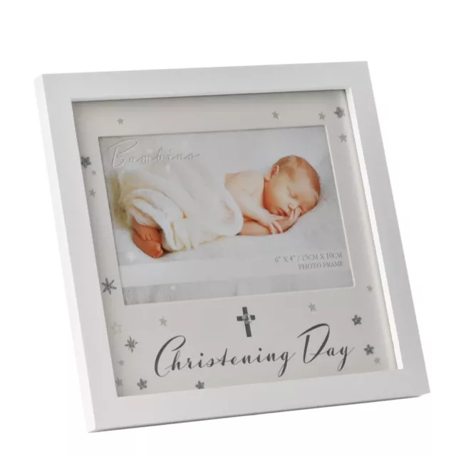 Photo Frame Christening Day Baby Gift White Silver Cross & Stars Bambino 6 x 4"