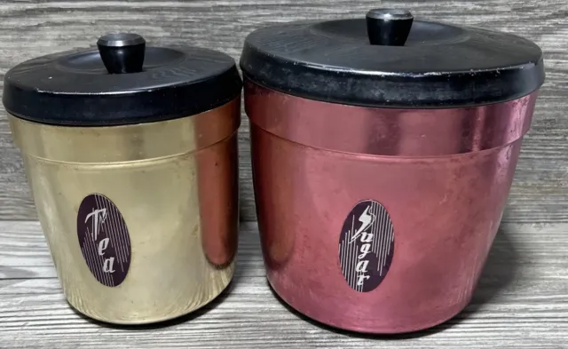 Pair Vintage 50s Anodised Kitchen Canisters Set Tea Sugar Sunray Aluminium Ware