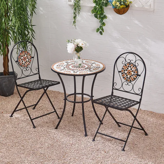 Mosaic Bistro Garden Table And Folding Chairs Set Outdoor Patio Dining Furniture