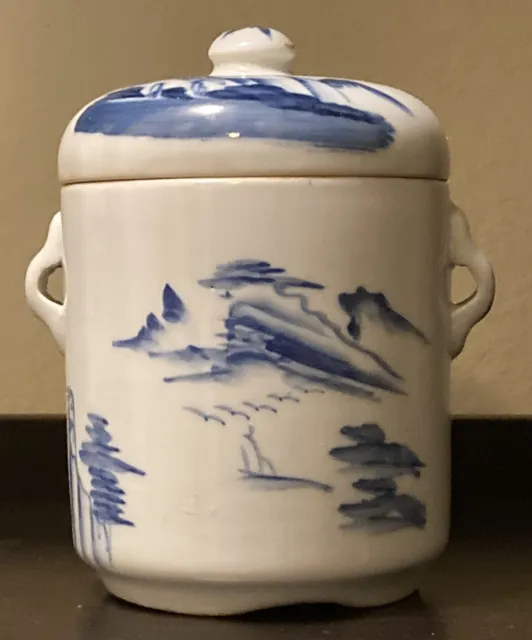 Vintage 6” Chinese Tea Caddy Blue White Ceramic Lidded Two Handled