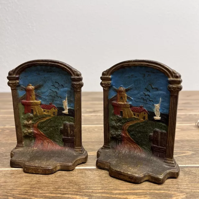 Vintage PolyChrome Cast Iron Bookends Windmill Sailboat Birds Dutch Style