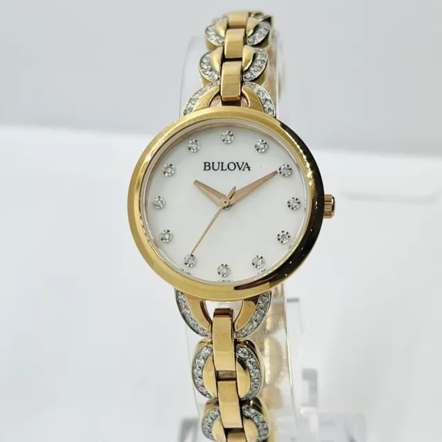 Bulova Women's Crystal Rose Gold White Dial Stainless Steel 28mm Watch 98L207