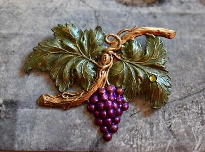 Vintage Large Mid Century Purple Grapes Cluster Green Enamel Striking Brooch Pin