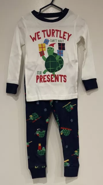 Carters Toddler Boys 2-Piece Christmas Holiday Cute Turtle PJ Set White Navy 2T