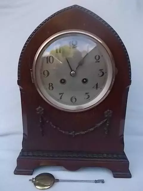 Early 20Th Century Large Wooden Mantel Clock With Pendulum . M862
