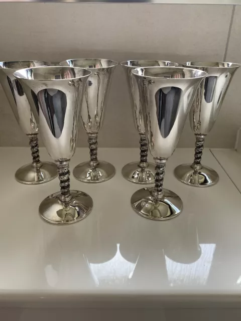 Vintage Set Of 6 x Silver Plated Wine Goblets With Decorative Stems