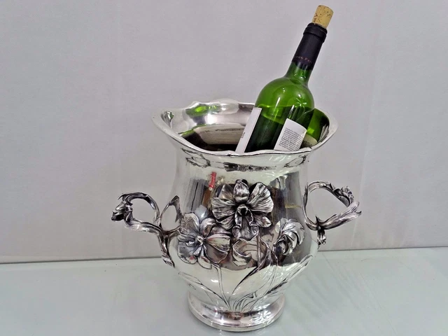 MAGNIFICENT ANTIQUE ART NOUVEAU SILVER WINE COOLER CHAMPAGNE sterling BAR DRINK