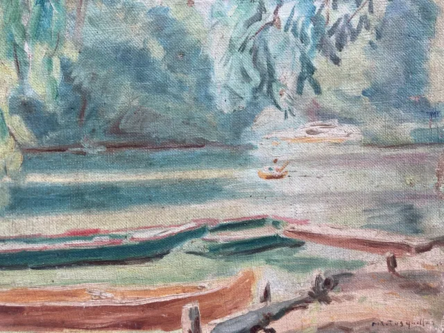 Bonita Pintura Óleo Sobre Lienzo 1950 Barco Pesca Fluvial Tusquellas Miguel