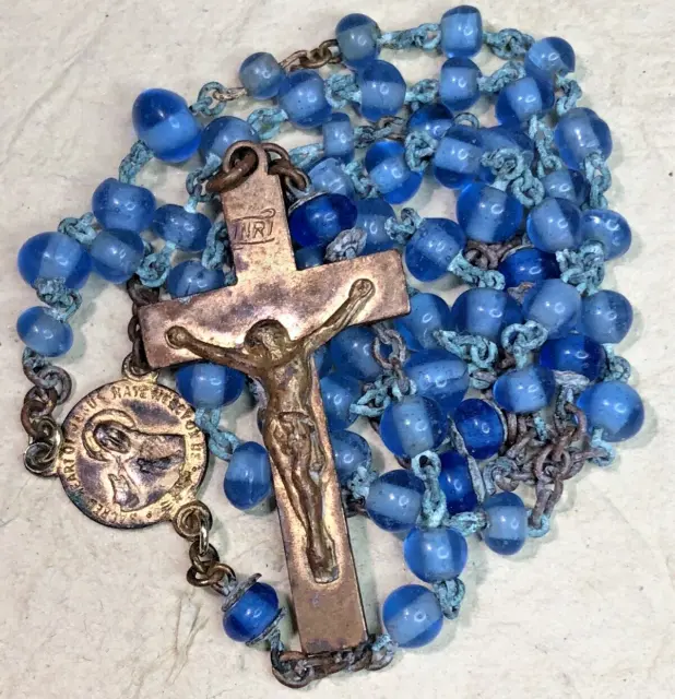 Vintage/Antique Rosary, Sacred Heart Jesus Have Mercy, Art Glass Beads, Copper