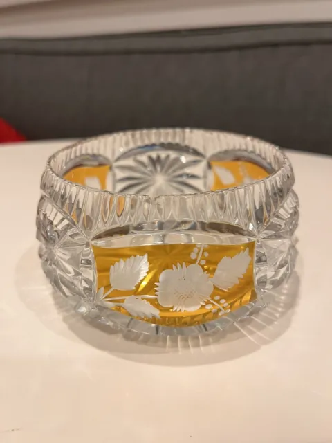 Amber Cut to Clear Crystal Bowl with Floral Motifs, Vintage