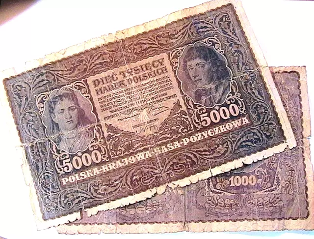 1919-20 Poland Pair 5000, 1000 Marek Avg Circ Big Banknotes Currency Paper Money