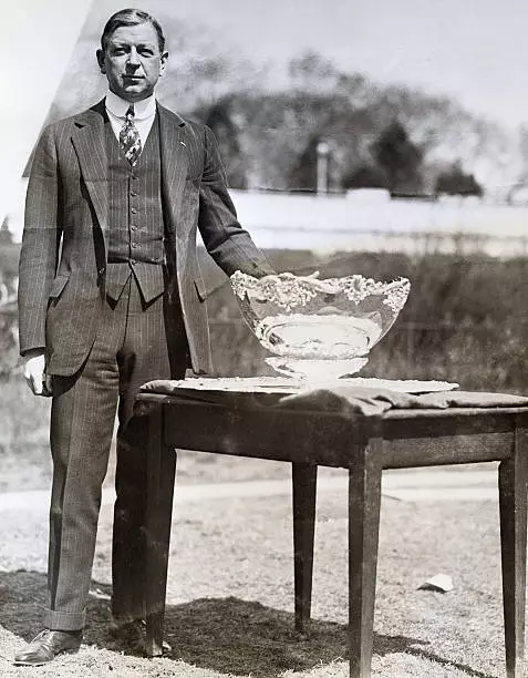 Dwight Davis stands beside glass trophy cup awarded internation- 1924 Old Photo