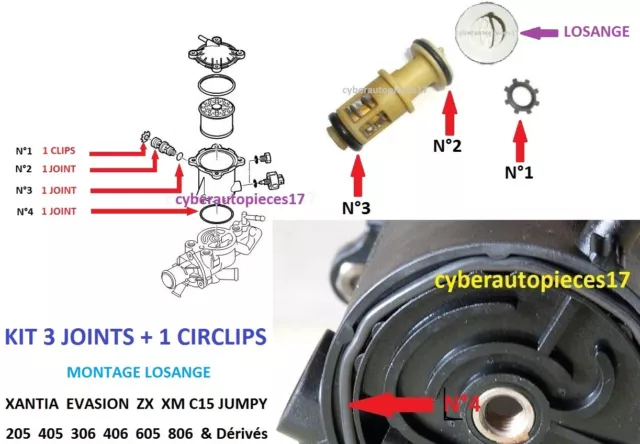 Kit 3 Joints + Clips + Notice Clapet Losange Filtre Go Xantia Jumpy 306 Xm * 3