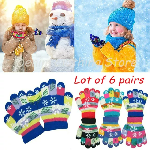 Lot of 6 Children Snowflake Warm Winter Full Gloves Knit Magic Boy Girl Kids 3