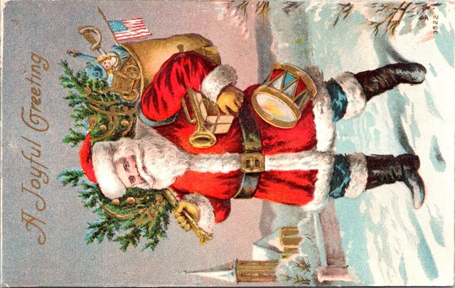 Full Length SANTA with Bag of TOYS and Flag. CHRISTMAS Greetings Postcard 3522