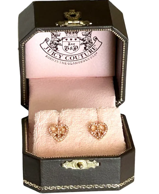 Juicy Couture E-Heart Pavé Peace Sign Stud Earrings Gold Tone W/ Original Box