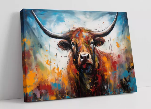 Highland Cow In Field Pollock Style -Deep Framed Canvas Wall Art Print