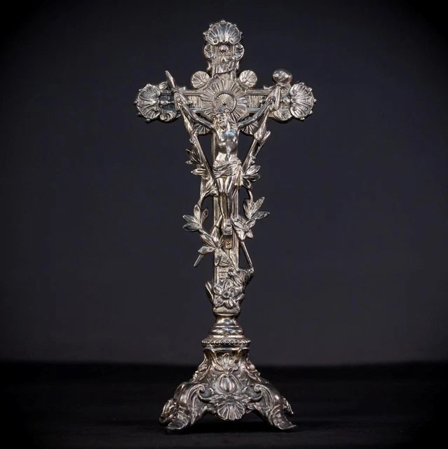 Altar Crucifix | Standing Cross Silvered Metal |Jesus Christ Arma Christi 15.2"_
