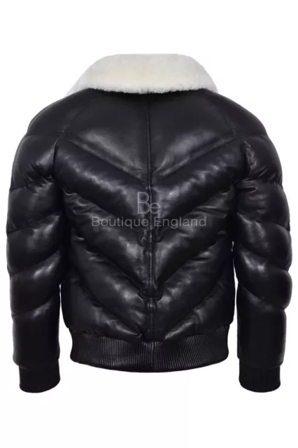 Men's Puffer Leather Jacket Fur Collar WARM Bomber Black REAL LEATHER Jacket Ace 2