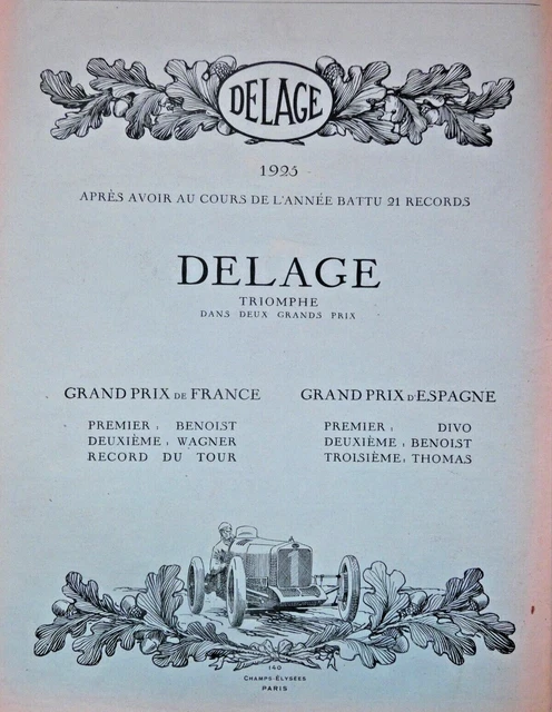 PUBLICITÉ DE PRESSE 1926 automobile DELAGE triomphe dans 2 grands prix