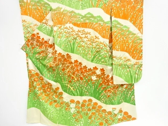 82765# Japanese Kimono / Antique Furisode / Embroidery / Fall Plants