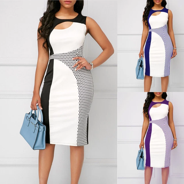 Womens Sleeveless Bodycon Stretch Pencil Dress Ladies Work Slim Fit Midi Dress
