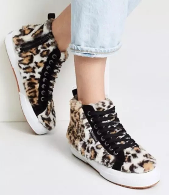 NEW Superga x Jocelyn Womens 9.5 High Top Leopard Faux Fur  Print Sneakers Shoes