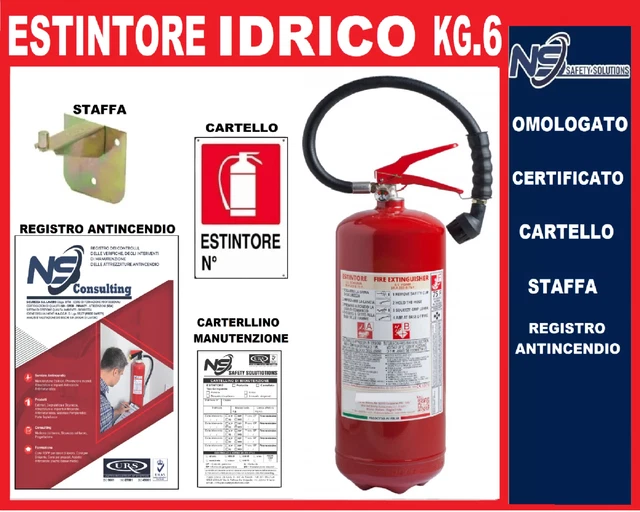 Estintore Idrico A Schiuma Da 6 Litri - Omologato E Certificato 2025, Con Staffa E Cartello