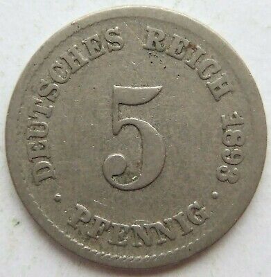 Pièce de Monnaie Reich Allemand Empire 5 Pfennig 1893 J En fine