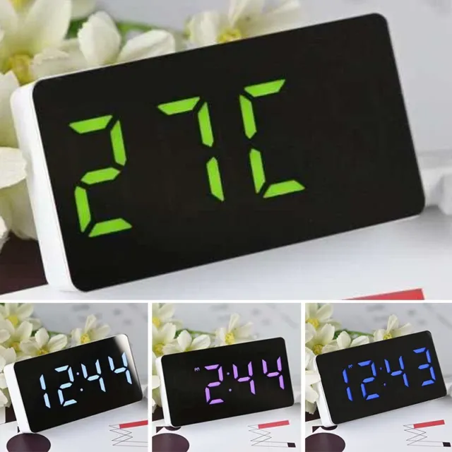 1 Pc Portable LED Mirror Clock Plastic W/ Time Calendar Temperature Alarm Decor