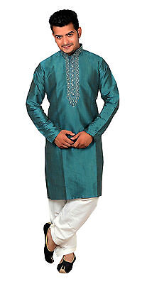 Men's Teal Art Silk Kurta Cream Shalwar Kameez Pyjama Formal Wear Sherwani 745