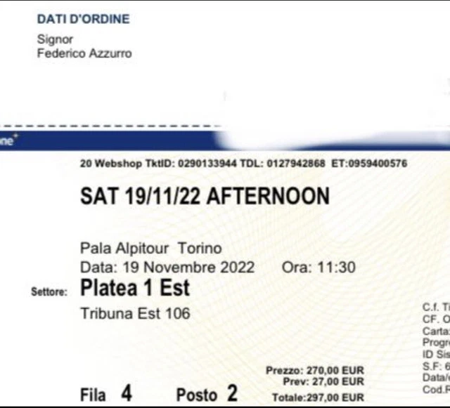 Biglietti Nitto ATP Finals 2022 Torino Sabato 19/11/2022 Pomeriggio