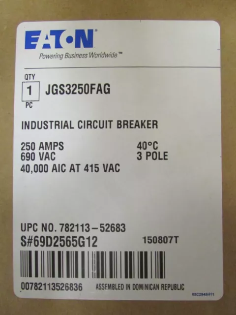 EATON CUTLER HAMMER JGS3250FAG 3 P. 250 Amp J250S JGS Circuit  Breaker JGS3250NN