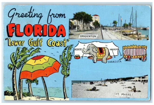 1952 Greetings From Sarasota Florida Multi-View Antique Vintage Posted Postcard