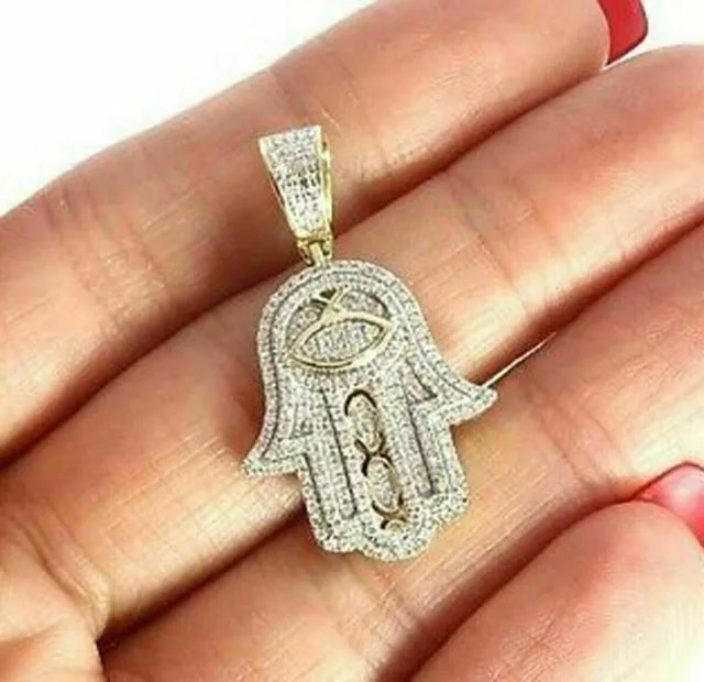 Real Moissanite 2Ct Round Cut Hamsa Hand Pendant 14K Yellow Gold Plated Silver