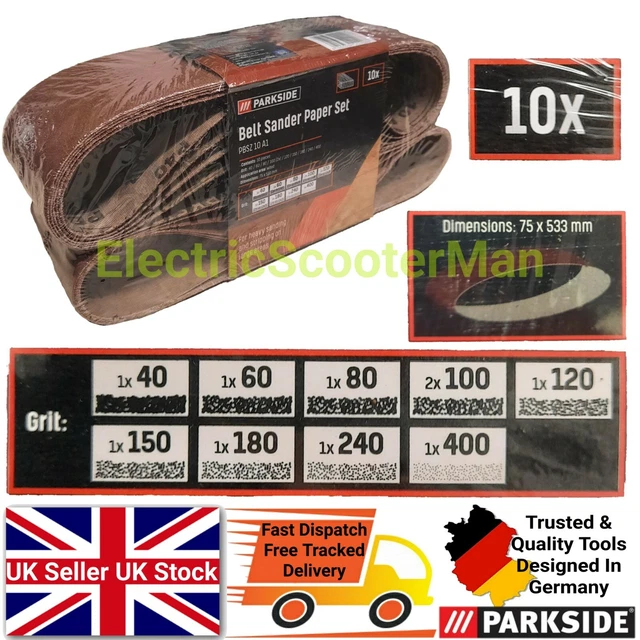 PARKSIDE 10 X Belt Sander Paper Set 75x533mm 40 to 400 Grits Sanding
