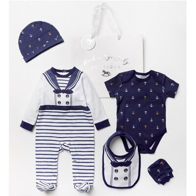 Baby Boys Layette 6 Piece Set Net Bag & Gift Bag Sailor Nautical Outfit NB-6 Mth