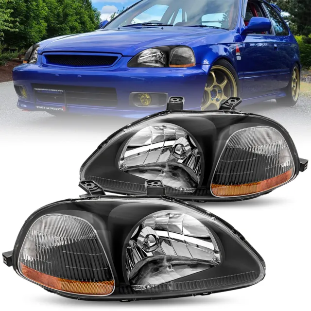 For 96-98 Honda Civic EK EJ Black Headlights Assembly Headlamps Left+Right