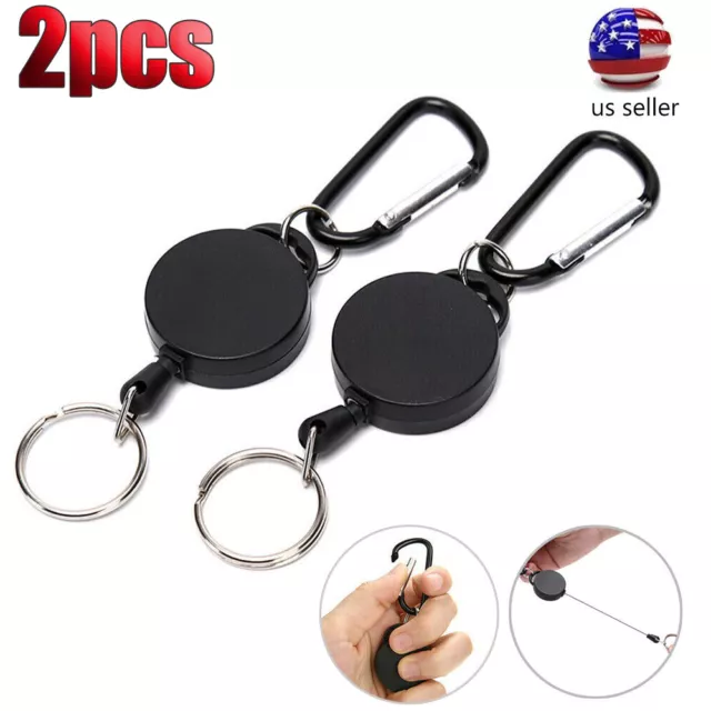 2PCS Retractable Key Tool Reel Holder Steel Clip Chain Belt Heavy Duty Split US