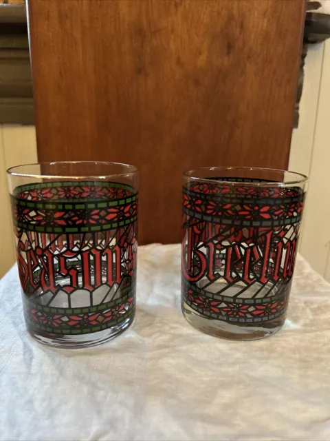 2 VTG 1970s Cera Houze Seasons Greetings Glasses Tumblers Stained Glass Gold Rim