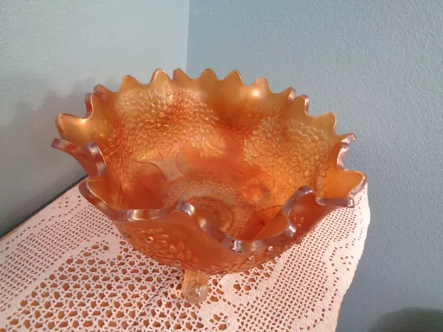 Fenton Marigold Flared Orange Tree Carnival Glass Three Footed Bowl 9"