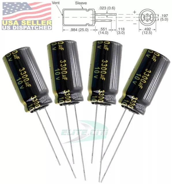 4x Panasonic FM 3300uF 10v Low-ESR radial capacitors 7000 hrs @ 105C,12.5x25 mm